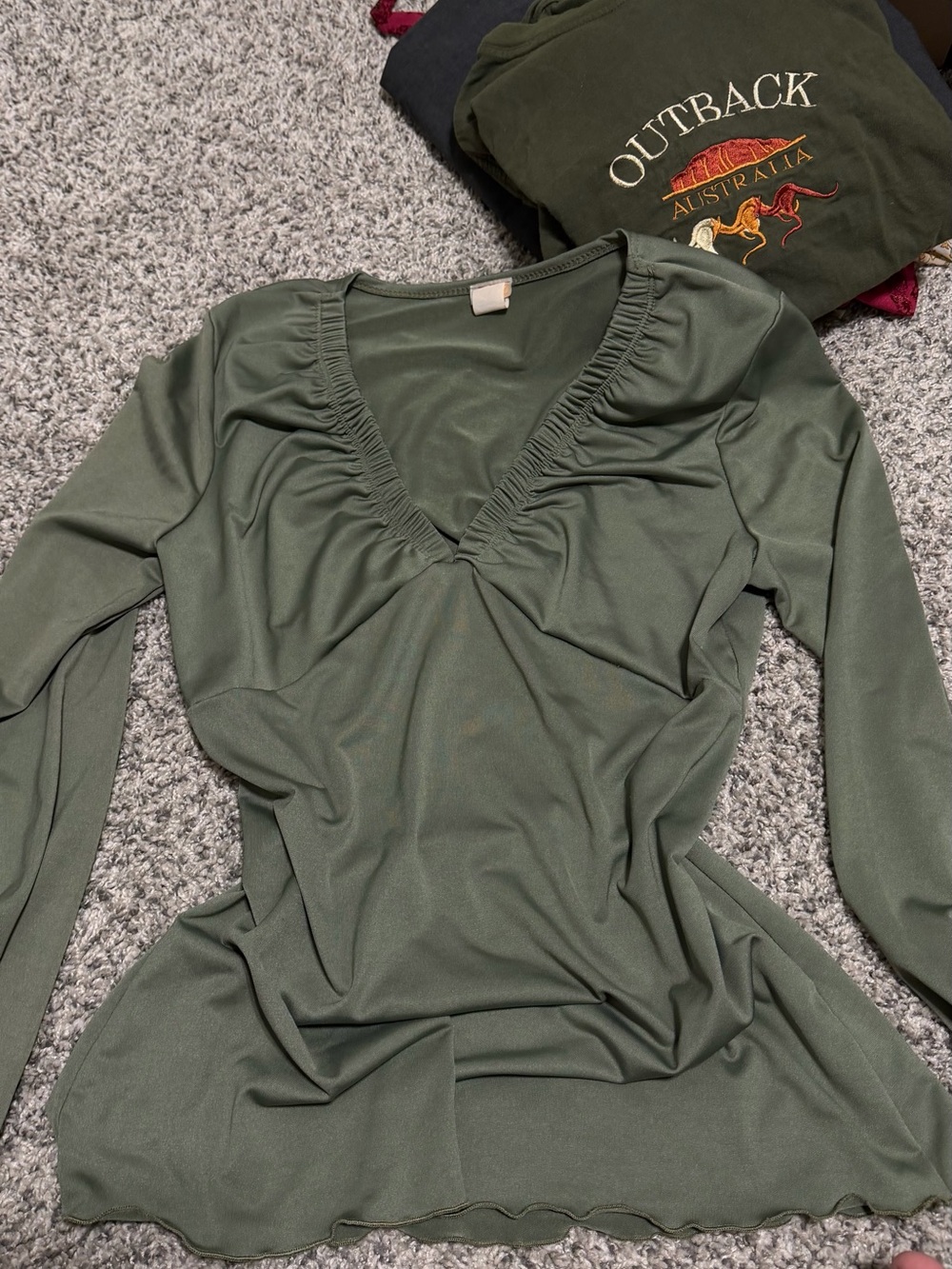 Vintage Olive Green Long-Sleeve V-Neck Women's Top